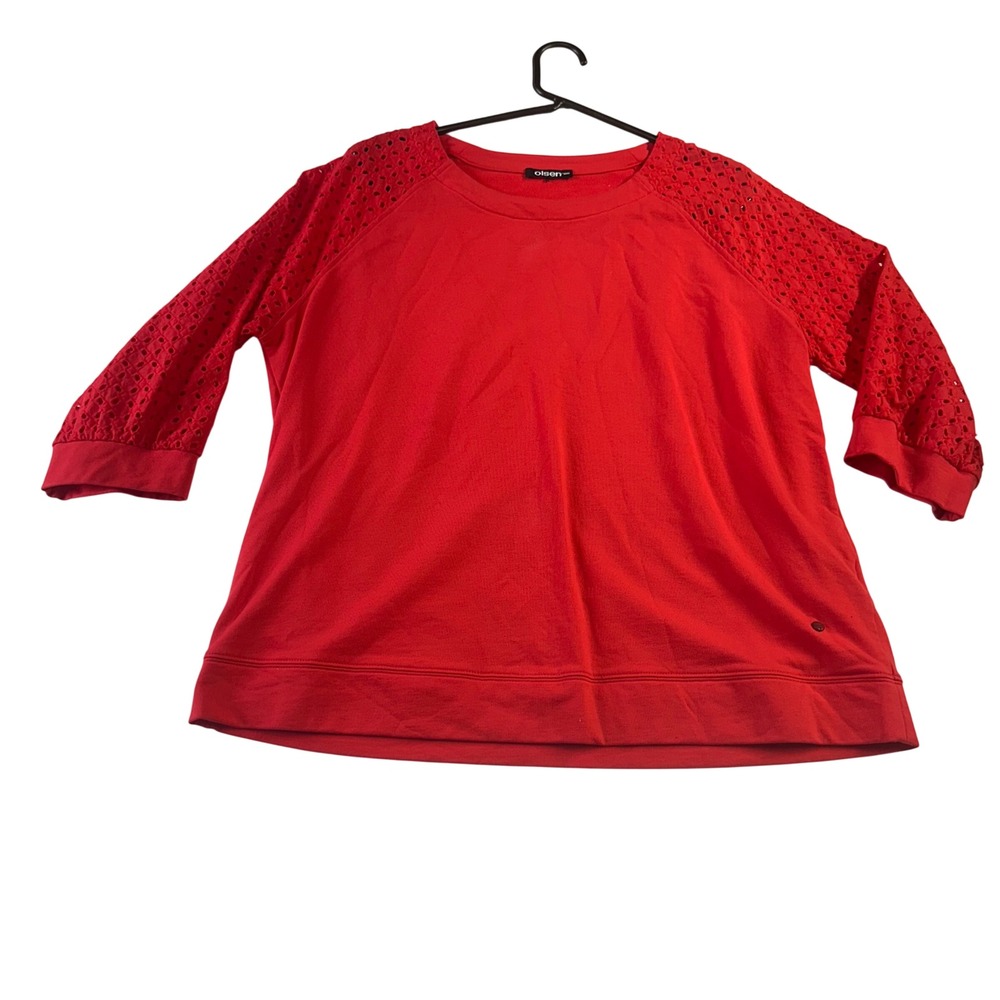 Olsen Clara Jersey Red Eyelet Sleeve Sweatshirt Relaxed Fit Size M/L 12